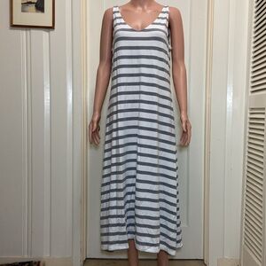 Garnet Hill Sleeveless White and Gray Stripped Maxi Dress
